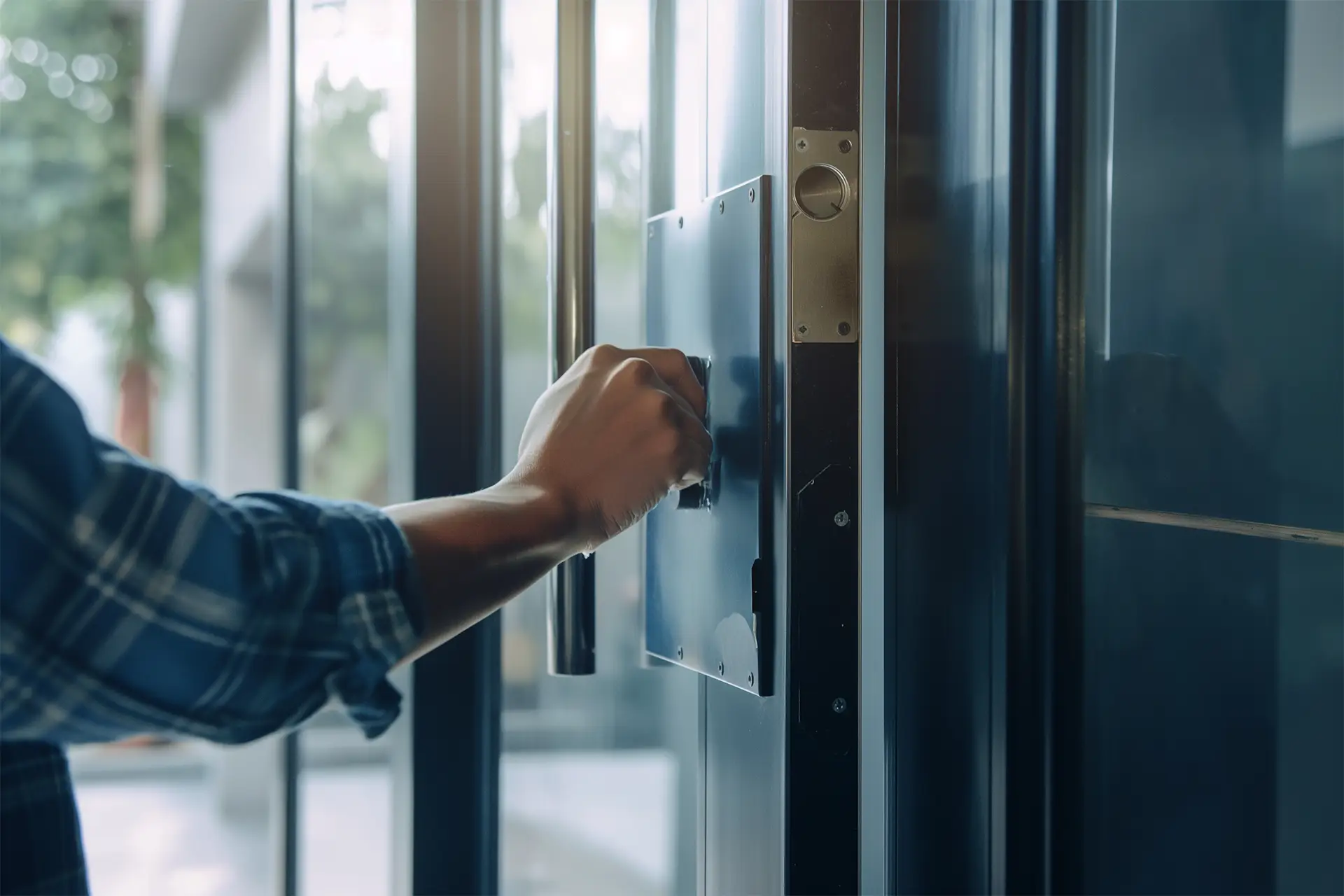 mans hand on blue pedestrian door